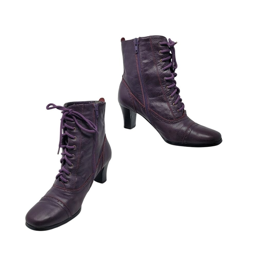 Vtg 80s Whimsigoth Eggplant Purple Leather Granny Boots Sz 6 Heeled Lace Up Boho